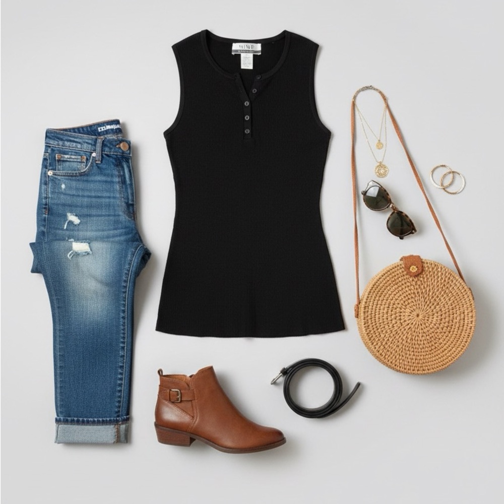 Nine & Company Black Ribbed Knit‎ Sleeveless Tank Top Capsule Wardrobe Staple